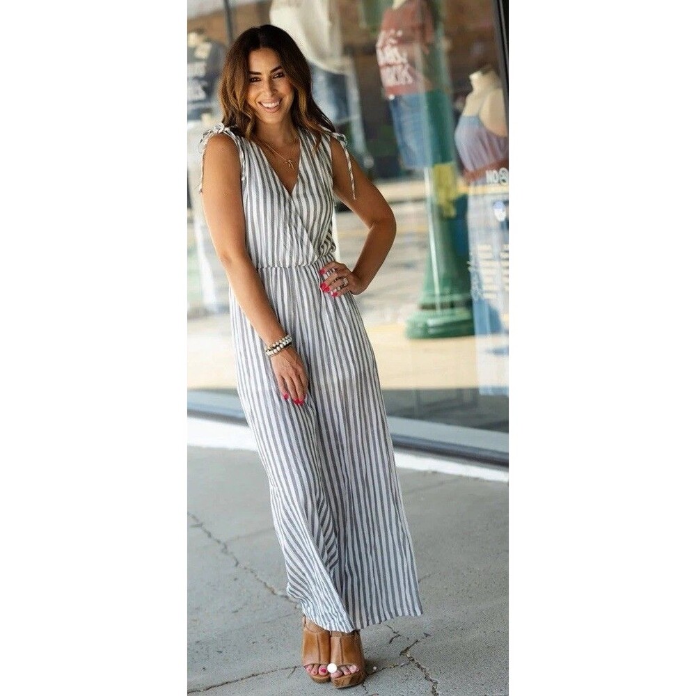 Evelyn Blue Sleeveless Jumpsuit Open Back Vertical Striped Taupe Wide Leg Size M